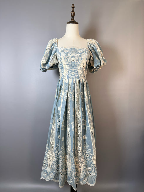 Blue Regency Era Dress with Puff Sleeves and Floral Embroidery - Blue Regency Era Dress Plus Size