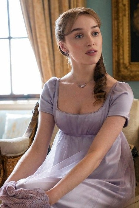 Bridgerton Lilac Regency Era Dress with Short Sleeves and Sheer Overlay – Regency-Inspired Gown Plus Size